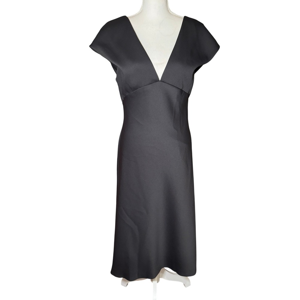Amsale Black Stretch Crepe Deep V-Neck Draped Back Dress 12 Wedding Cocktail NWT